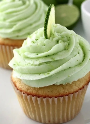 Delicious key lime cupcakes with frosting and lime zest on a wooden serving plate.