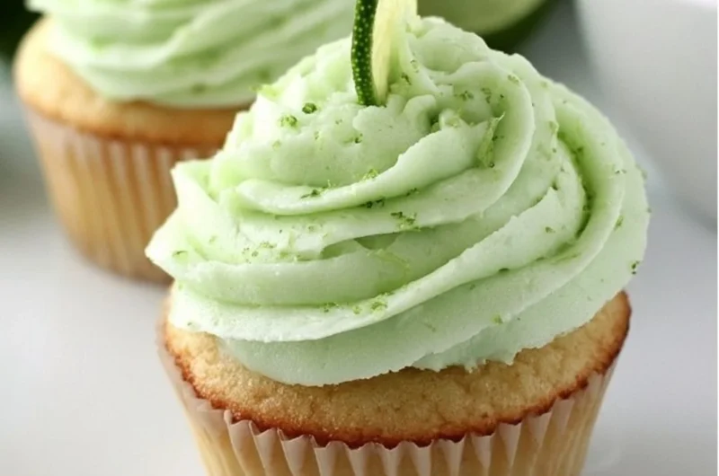 Delicious key lime cupcakes with frosting and lime zest on a wooden serving plate.