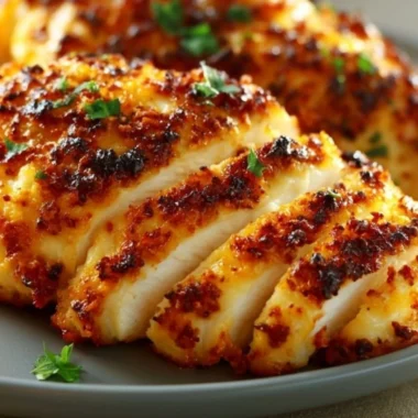 Juicy melt-in-your-mouth chicken breast dish garnished with herbs and spices.