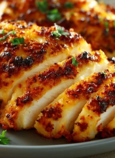 Juicy melt-in-your-mouth chicken breast dish garnished with herbs and spices.