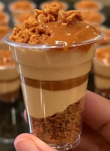 Mini Biscoff cheesecake cups topped with crushed Biscoff cookies