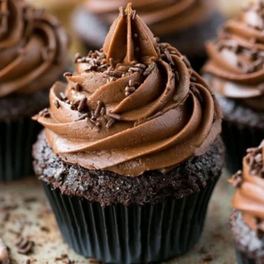 A batch of moist chocolate cupcakes topped with creamy frosting.