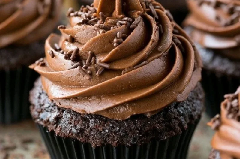 A batch of moist chocolate cupcakes topped with creamy frosting.