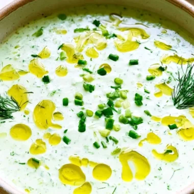 Chilled no-cook cucumber gazpacho served in a bowl with fresh herbs