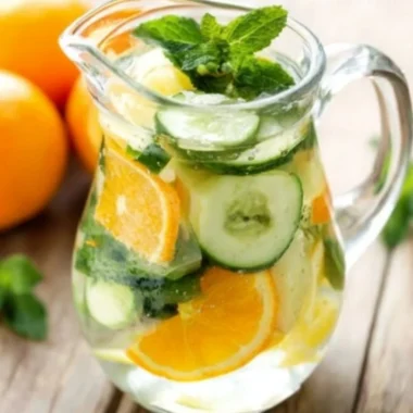 Glass of orange cucumber mint water on a wooden table