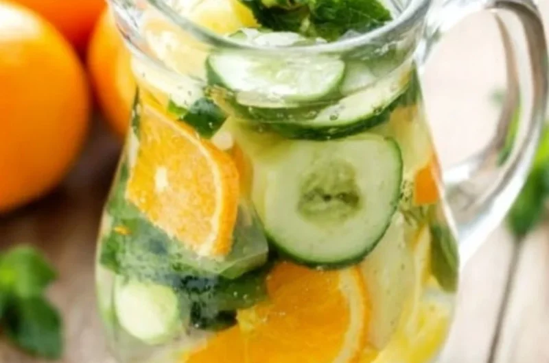 Glass of orange cucumber mint water on a wooden table