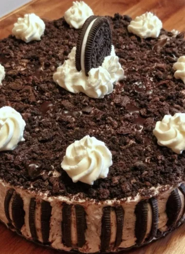 Oreo Easy Ice Cream Cake decorated with chocolate and whipped cream