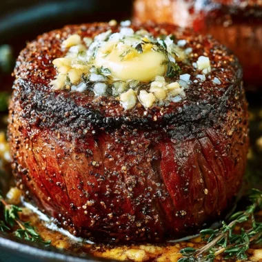 Oven-baked filet mignon served on a plate with herbs and side dishes.