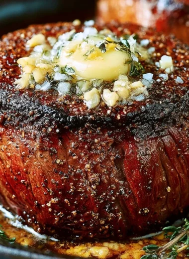 Oven-baked filet mignon served on a plate with herbs and side dishes.