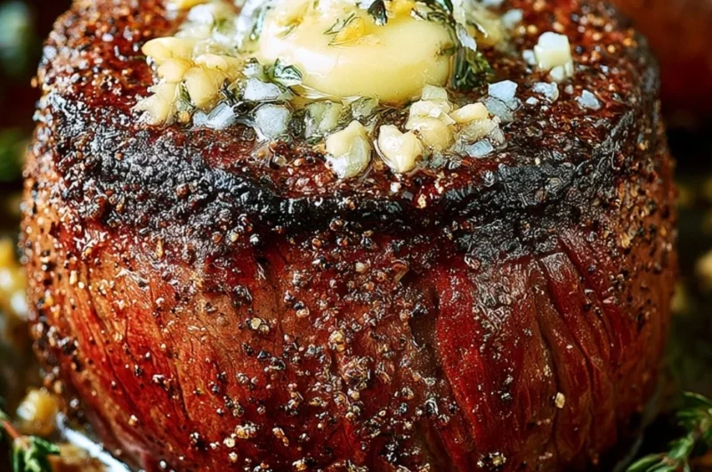 Oven-baked filet mignon served on a plate with herbs and side dishes.