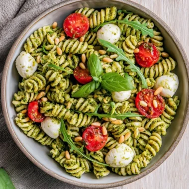 A bowl of colorful pesto pasta salad with fresh vegetables and basil.
