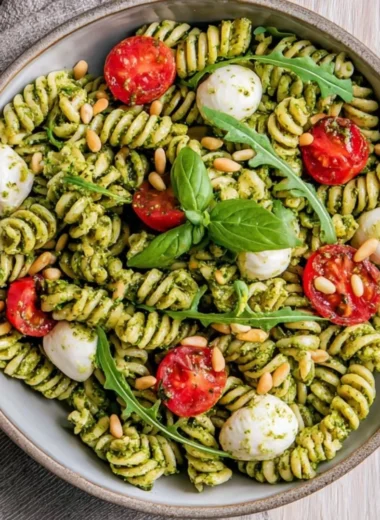 A bowl of colorful pesto pasta salad with fresh vegetables and basil.