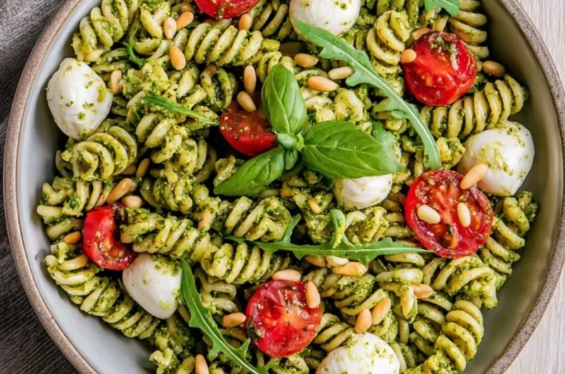 A bowl of colorful pesto pasta salad with fresh vegetables and basil.