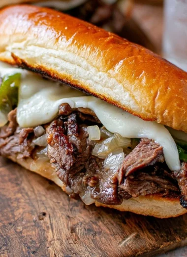 Delicious Philly Cheesesteak Sandwich loaded with beef and cheese