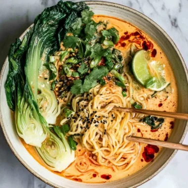 Bowl of quick spicy coconut noodles garnished with herbs and chili flakes