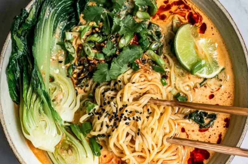 Bowl of quick spicy coconut noodles garnished with herbs and chili flakes