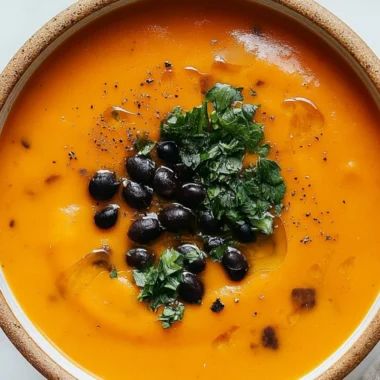 Bowl of roasted sweet potato and black bean soup garnished with cilantro