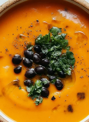 Bowl of roasted sweet potato and black bean soup garnished with cilantro