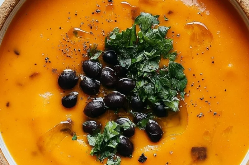 Bowl of roasted sweet potato and black bean soup garnished with cilantro