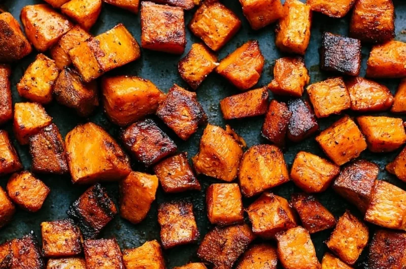 Bowl of roasted sweet potatoes seasoned with herbs and spices.