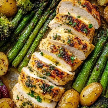 Sheet pan garlic butter chicken served with a colorful array of vegetables