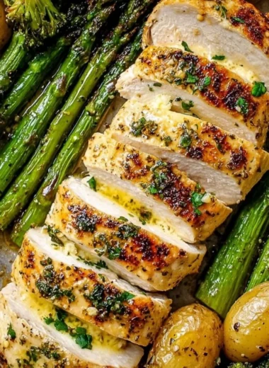 Sheet pan garlic butter chicken served with a colorful array of vegetables