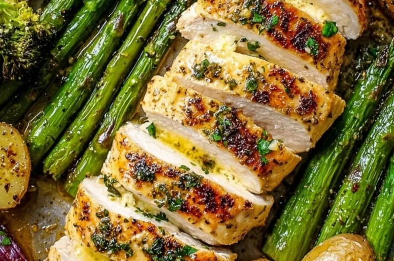 Sheet pan garlic butter chicken served with a colorful array of vegetables