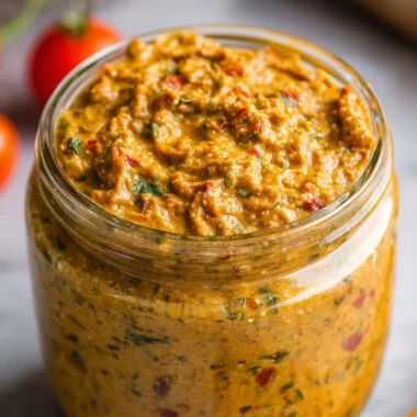 Homemade Sicilian Tomato Pesto in a bowl with basil and pine nuts