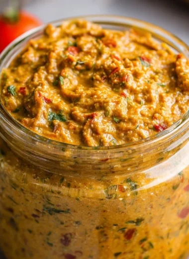 Homemade Sicilian Tomato Pesto in a bowl with basil and pine nuts