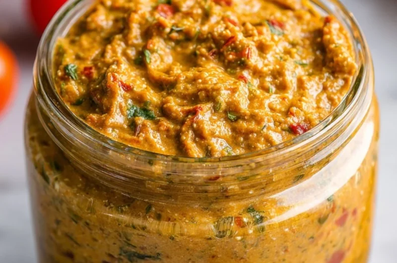 Homemade Sicilian Tomato Pesto in a bowl with basil and pine nuts