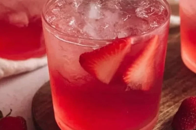 Glass of refreshing strawberry iced tea with fresh strawberries
