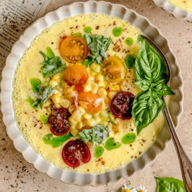 Bowl of summer sweet corn gazpacho topped with herbs and vegetables
