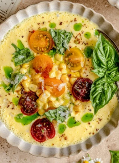 Bowl of summer sweet corn gazpacho topped with herbs and vegetables