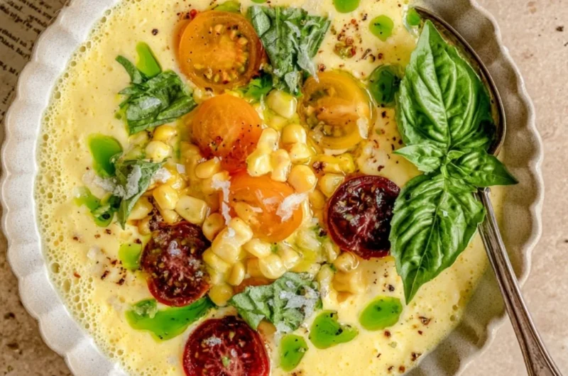 Bowl of summer sweet corn gazpacho topped with herbs and vegetables