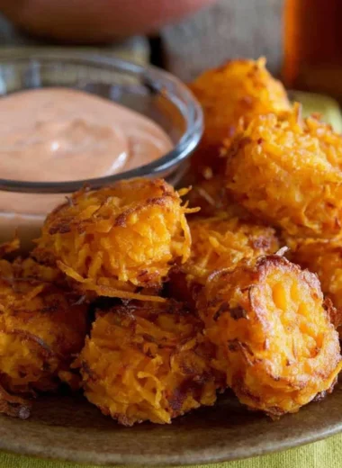 Crispy Sweet Potato Tots on a white plate, served with dipping sauce