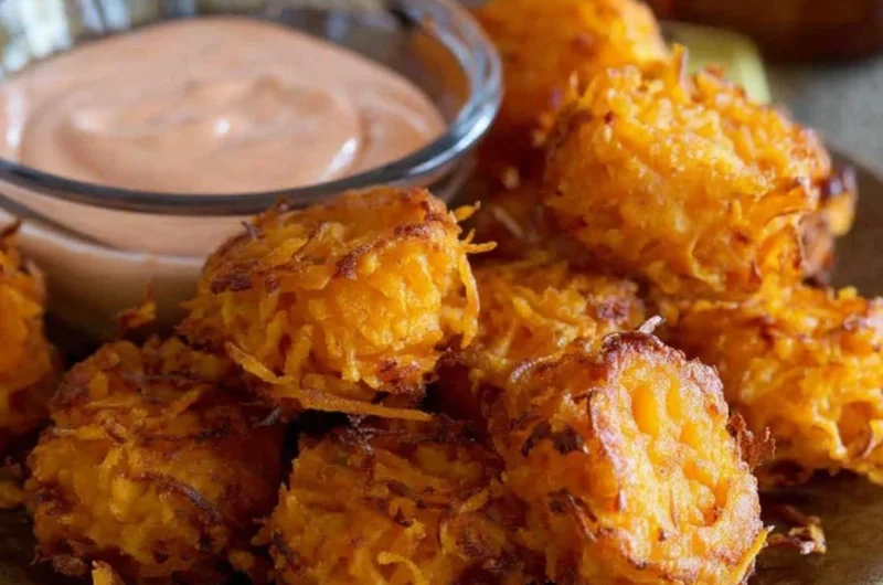 Crispy Sweet Potato Tots on a white plate, served with dipping sauce