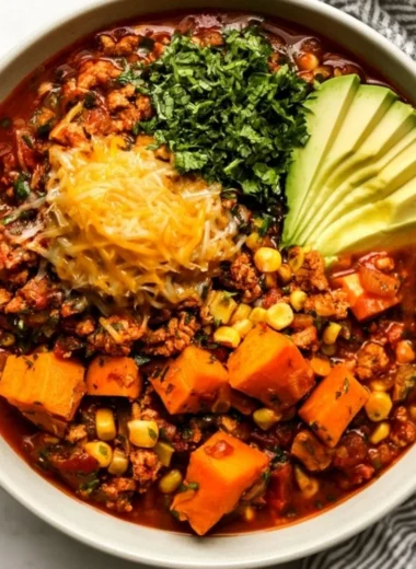 Bowl of Sweet Potato Turkey Chili garnished with herbs and spices.