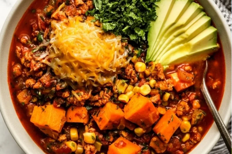 Bowl of Sweet Potato Turkey Chili garnished with herbs and spices.