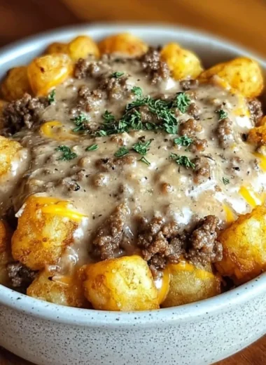 Tater Tot Breakfast Bowl with Sausage Gravy, a delicious brunch dish