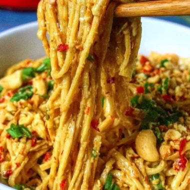 Delicious Thai Peanut Noodles served in a bowl with vegetables and herbs