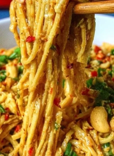 Delicious Thai Peanut Noodles served in a bowl with vegetables and herbs