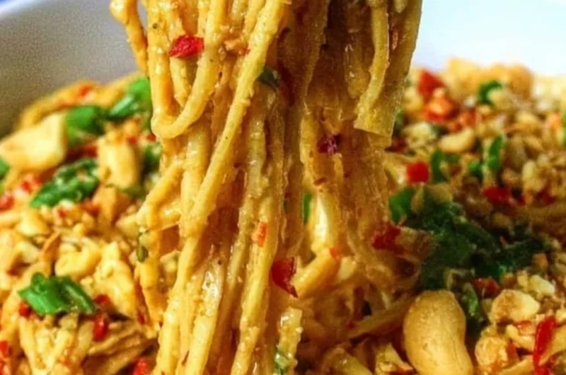 Delicious Thai Peanut Noodles served in a bowl with vegetables and herbs