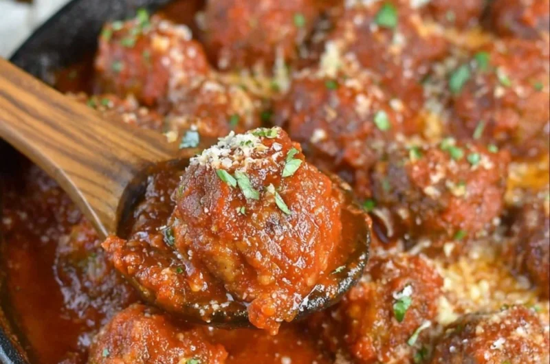Homemade Italian meatballs cooked in marinara sauce.