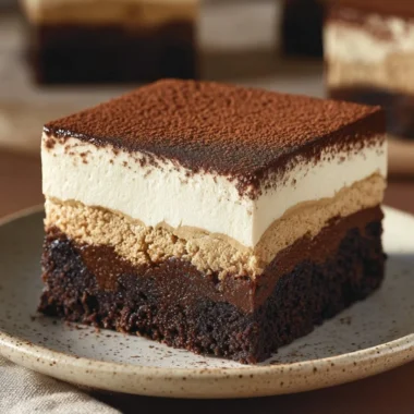 Decadent tiramisu brownies topped with coffee and cocoa flavors