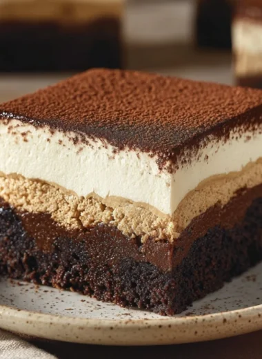 Decadent tiramisu brownies topped with coffee and cocoa flavors