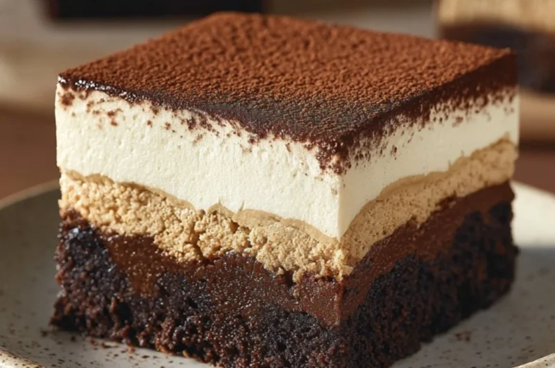 Decadent tiramisu brownies topped with coffee and cocoa flavors