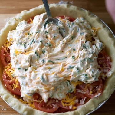 Delicious homemade tomato pie on a rustic wooden table