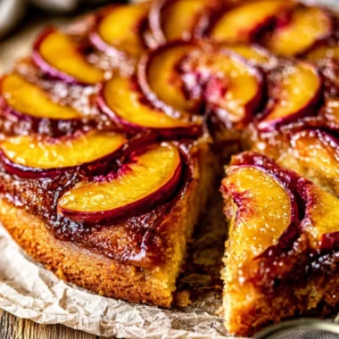 Delicious upside-down peach cake topped with fresh sliced peaches