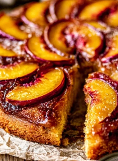 Delicious upside-down peach cake topped with fresh sliced peaches