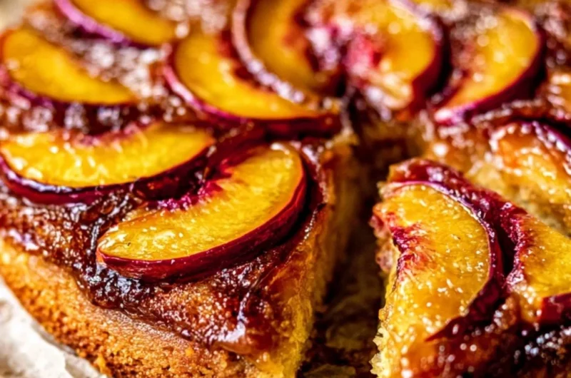 Delicious upside-down peach cake topped with fresh sliced peaches